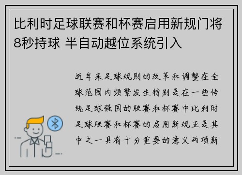 比利时足球联赛和杯赛启用新规门将8秒持球 半自动越位系统引入